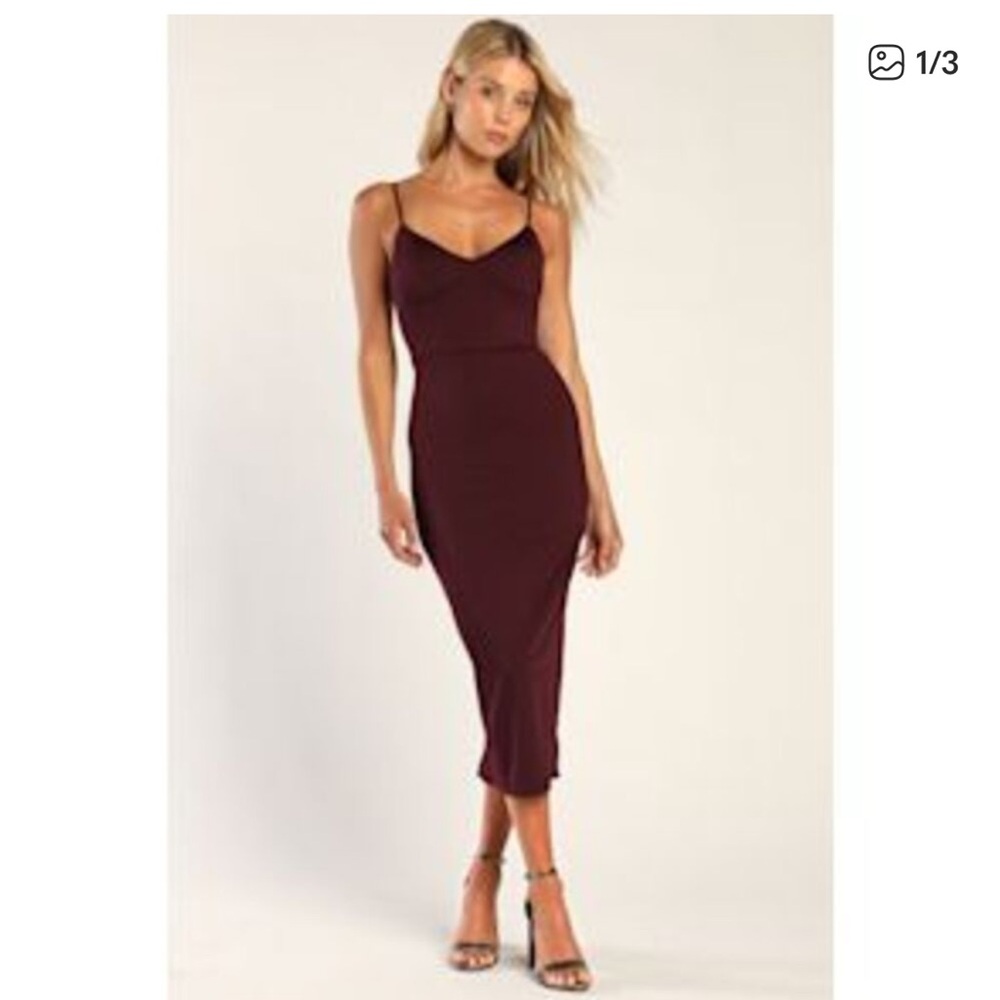 Lulus Sophisticated Soiree Bustier Midi Bodycon Dress Plum Purple M